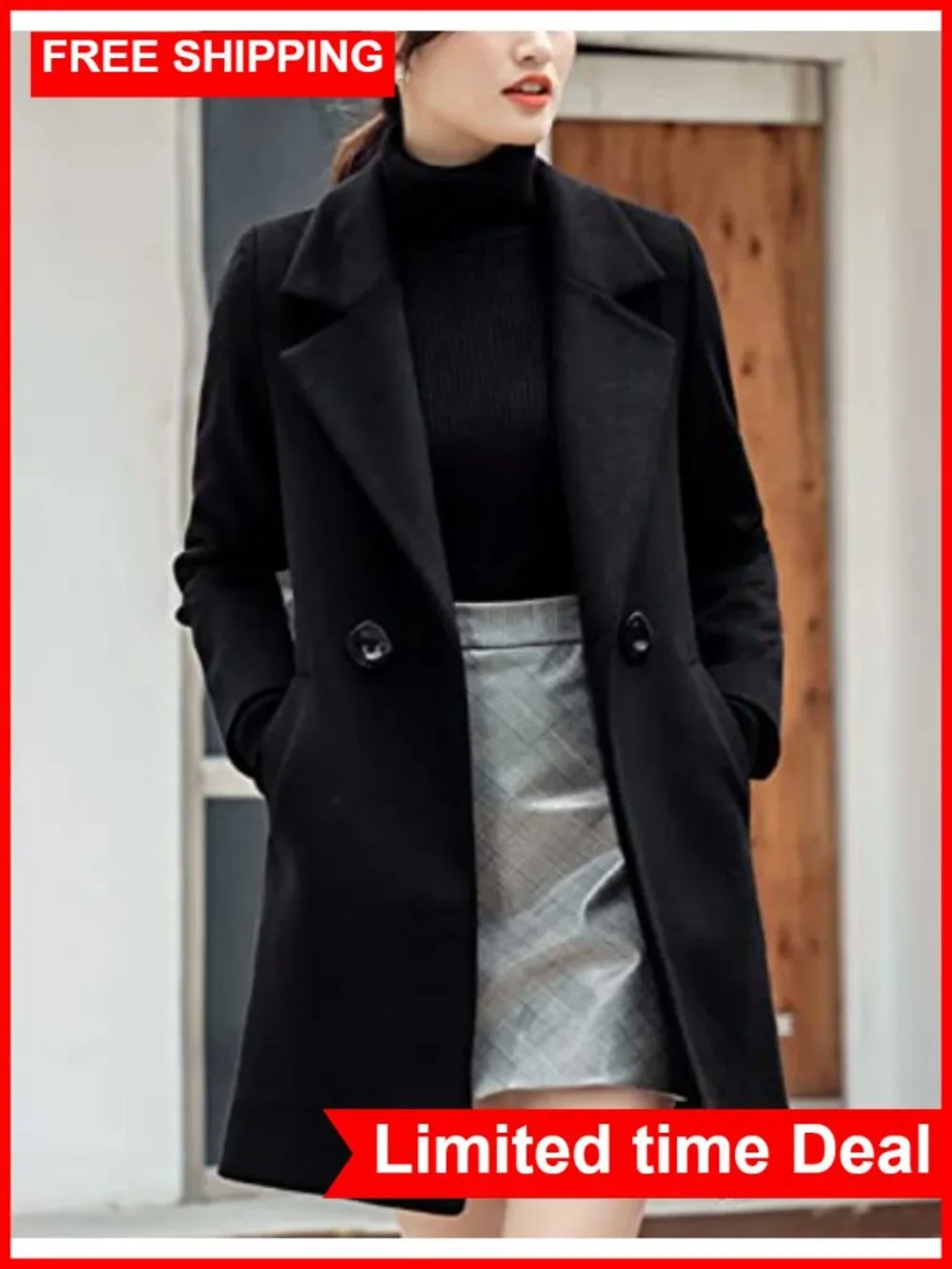 Wool Cotton Blend Pea Coat Long Notch Lapel Double Breasted